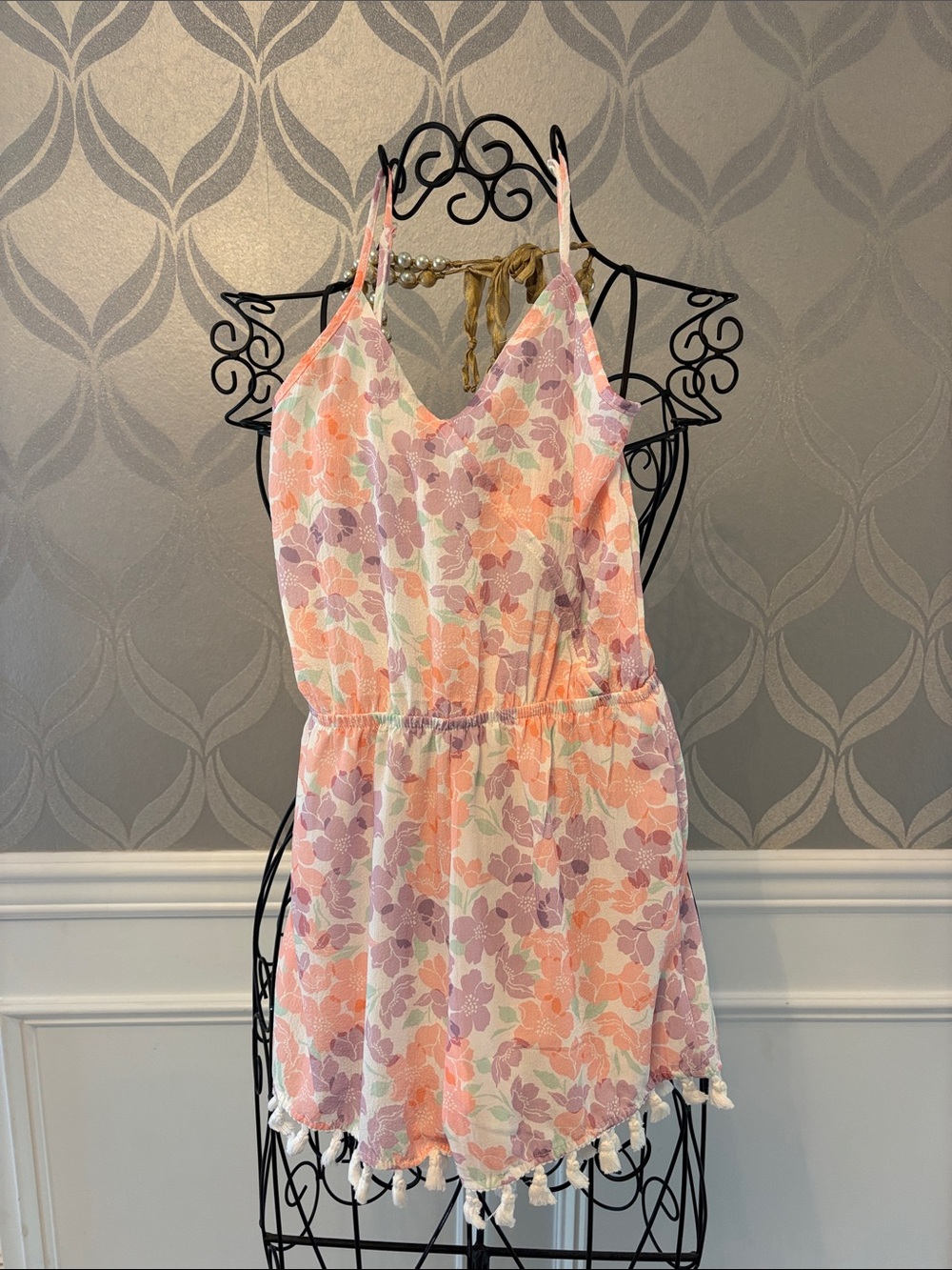 Miken Pink, Lavender & Cream Floral Romper with Tassel Trim